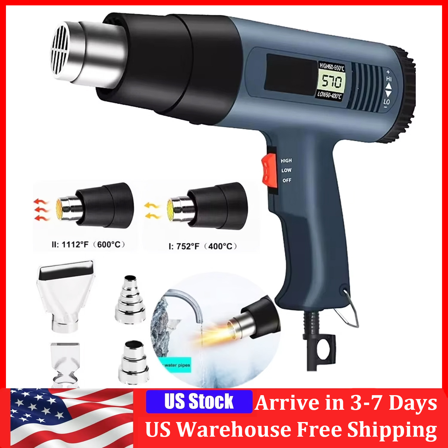 Heat Gun Small - 2000W elektrisch heteluchtpistool met LCD-scherm Verstelbare